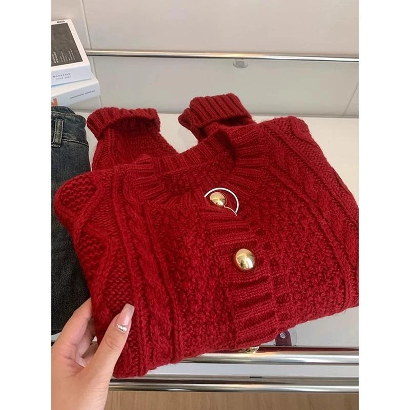 2025秋冬本命年加厚红色毛衣开衫外套韩系宽松麻花新年圆领短上衣