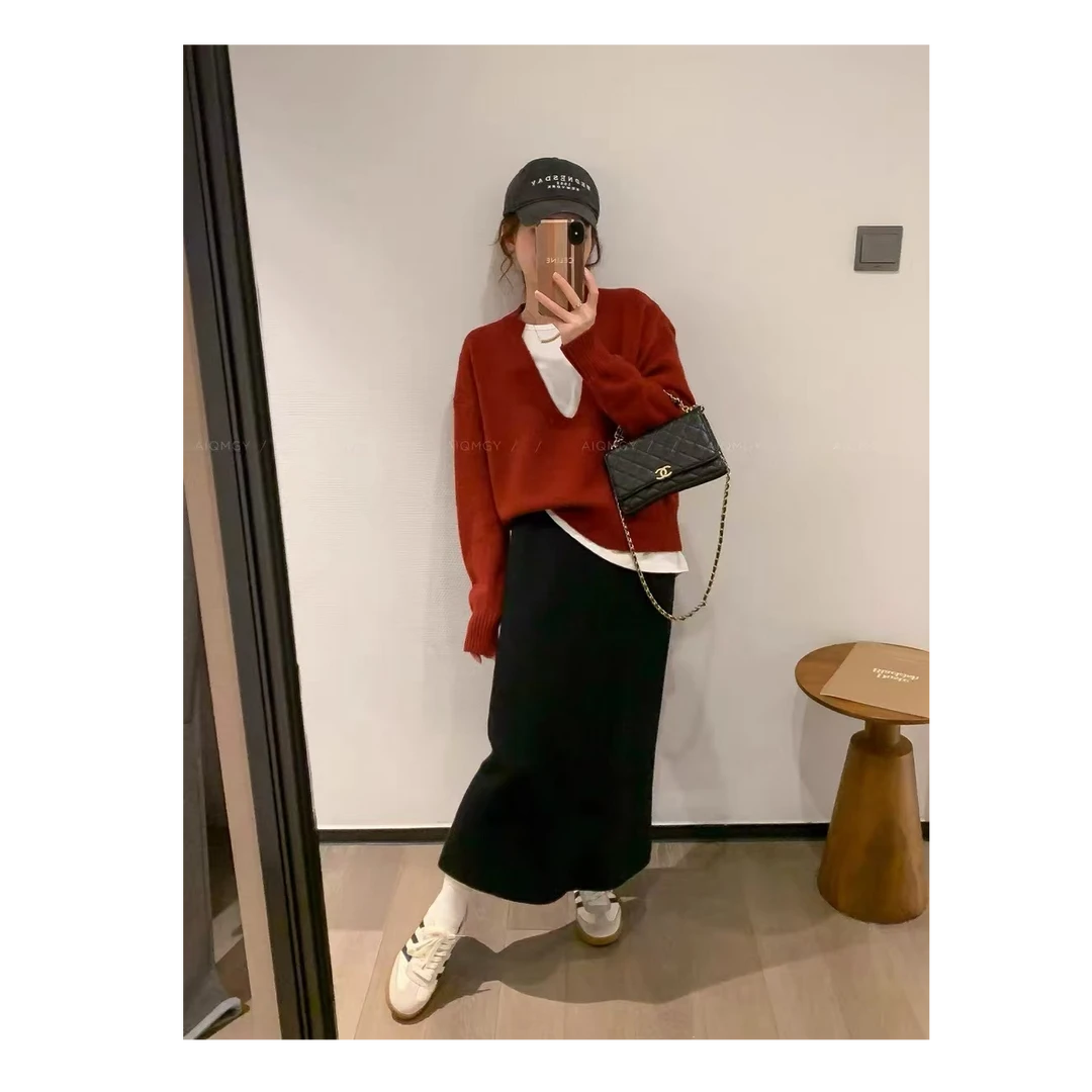 两件撞色v领毛衣女春秋宽松慵懒设计感气质小众休闲针织衫上衣