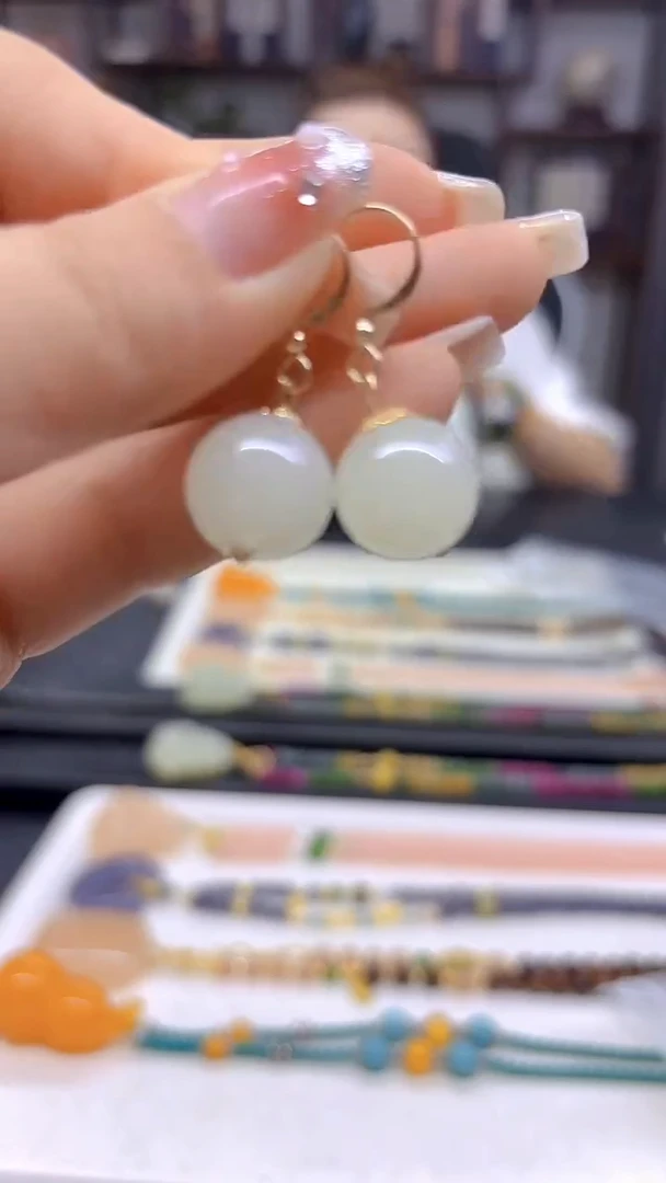 和田玉14K金镶嵌耳饰DIY款E673