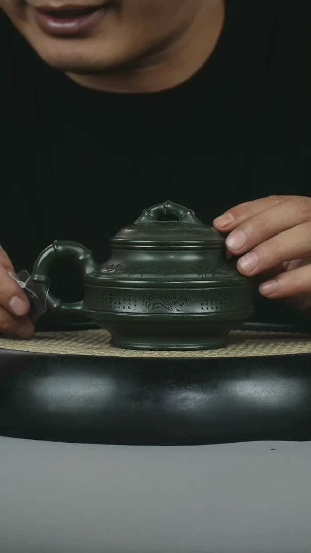茶壶紫砂 绿泥 双线竹鼓