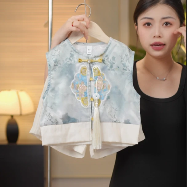 【现货】夏季套装2025新款新中式儿童古风汉服薄款马甲套装18556