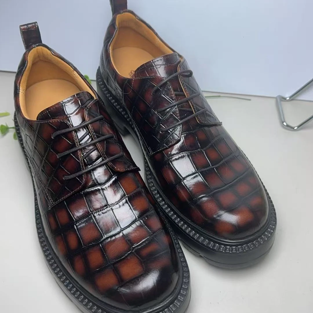 系带圆头鳄鱼皮平跟休闲皮鞋真皮休闲鞋固特异擦色大头鞋
