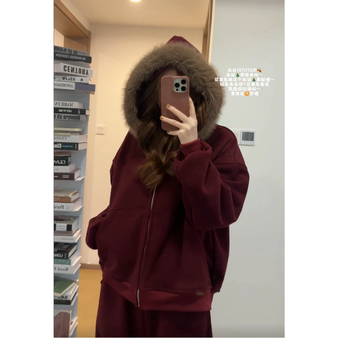 毛领休闲套装女2025秋冬新款加绒加厚毛领外套+阔腿裤慵懒两件套