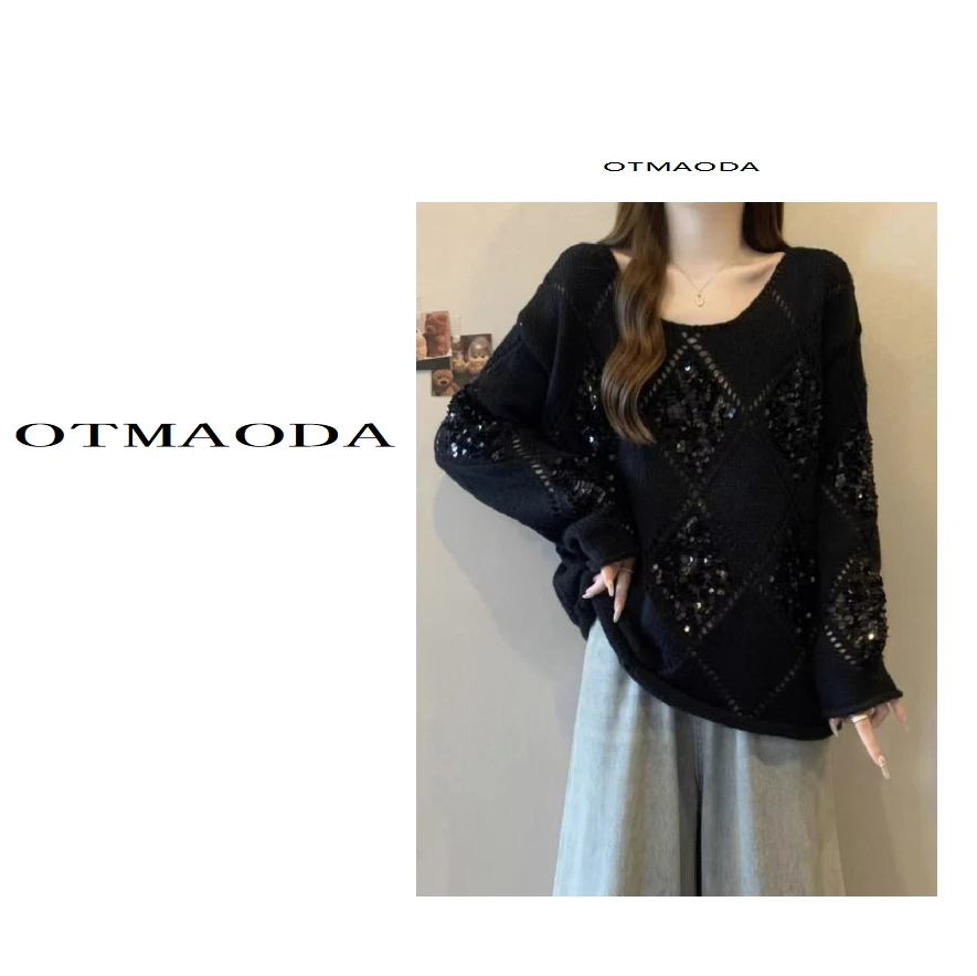 【南瓜定制】N1086-新款女装宽松黑色早秋针织衫毛针织衫时尚