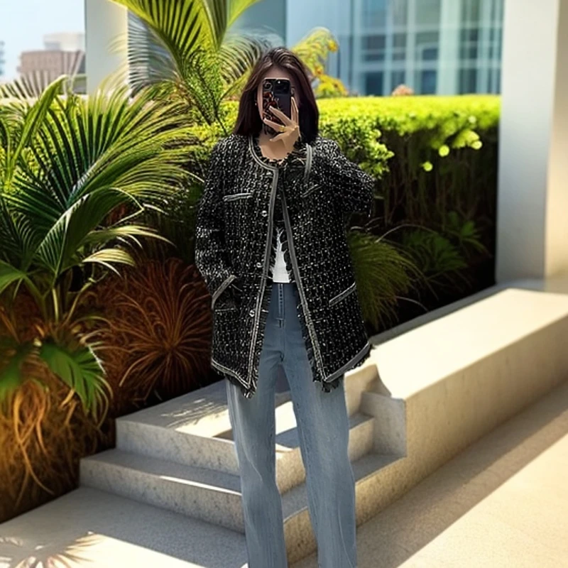 新款小香风秋冬外套超级百搭款黑色拼接格纹女士秋季休闲