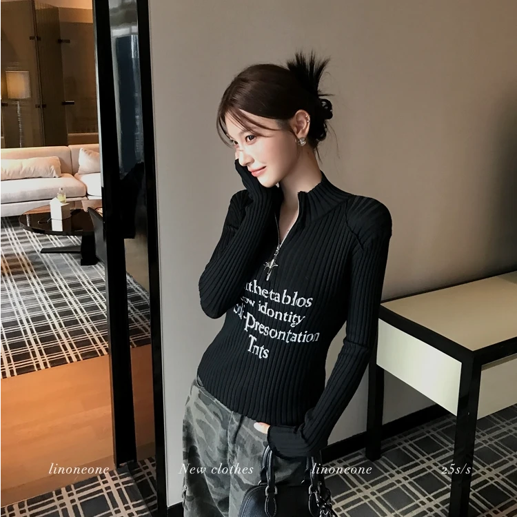 韩系百搭基础字母修身长袖弹力针织衫女2025秋季美式迷彩工装裤