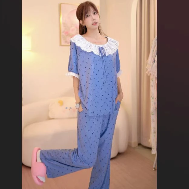甜美系娃娃领女薄款夏季蝴蝶结成人睡衣三件套装家居服ins风国风