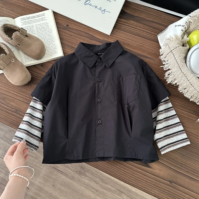 SCBEBE儿童假两件衬衫春秋新款男童韩版纯色拼接条纹上衣AS783