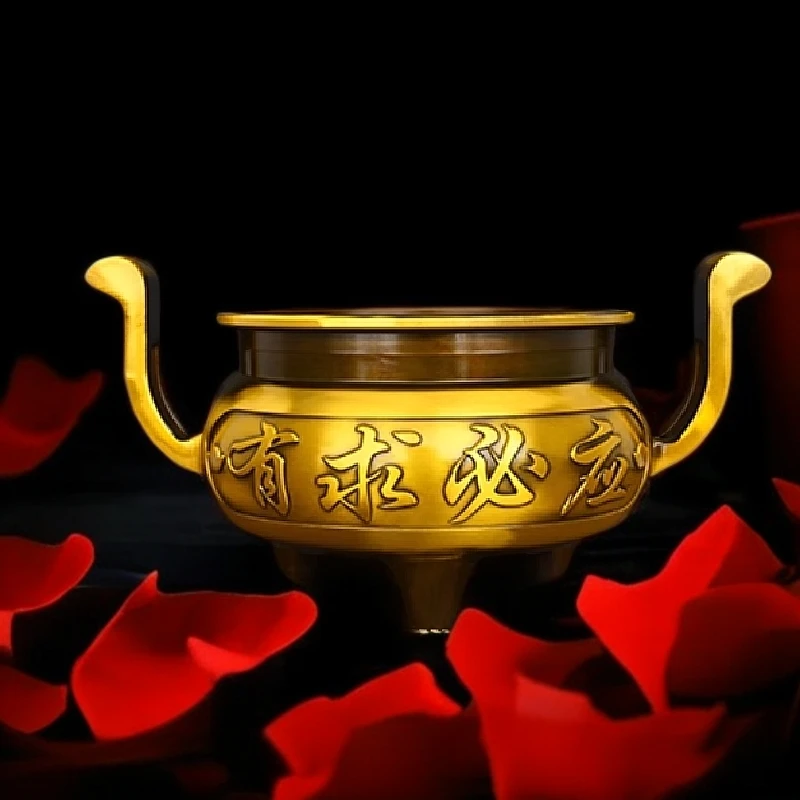 黄铜有求必应香炉摆件铜莲花香炉弯耳官帽香炉三足铜香炉工艺品