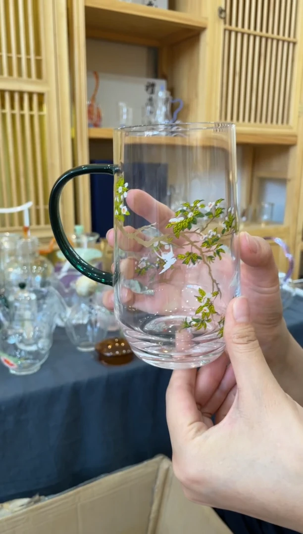 玻璃手工艺品九河梨花白燕绿色把手绿茶杯