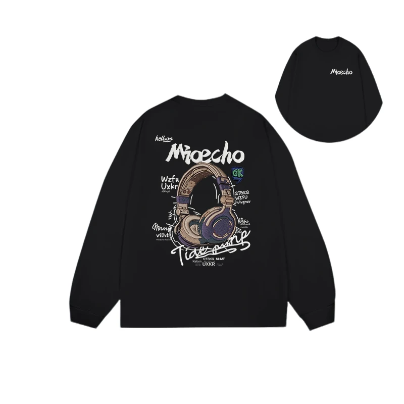 特大码300斤潮牌痞帅耳机印花百搭长袖t恤男秋季休闲风ins上衣