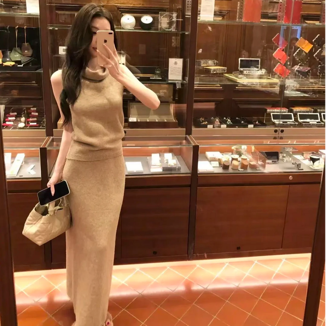 御姐风气质针织开衫套装女秋冬无袖高领打底背心半身长裙三件套装