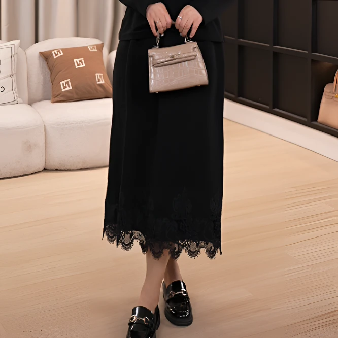 伊自尚大码胖mm冬气质高腰时尚中长款雪尼尔蕾丝显瘦半身裙14057