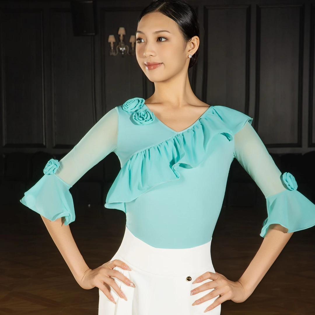 新款女士摩登舞双人舞上衣交谊舞蹈服装国标舞衣吉特巴练功服m66