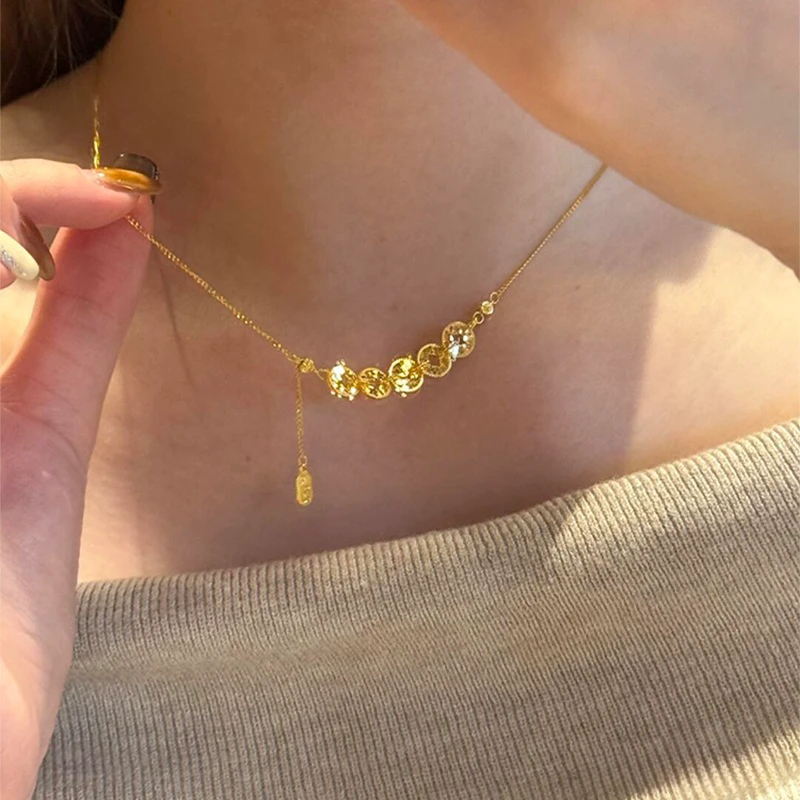 铜合金项链 新中式碎碎冰钱币项链女轻奢高级感爆闪钱多多毛衣链