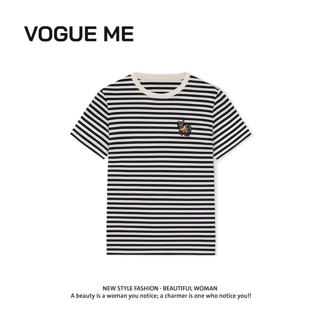 【禾】福寿三多时尚经典休闲夏款条纹刺绣T恤短袖女上衣-ZH2401