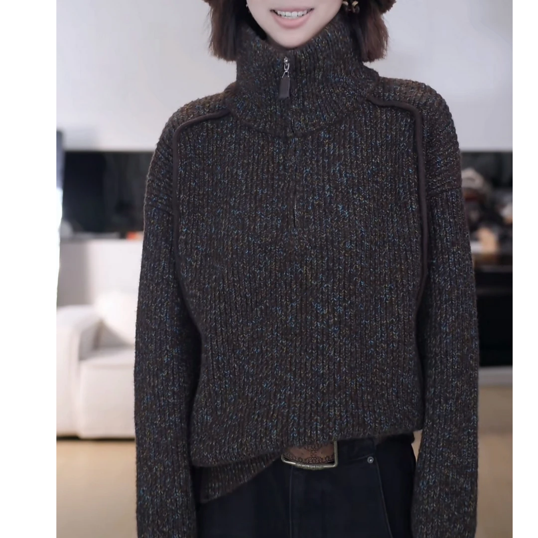 设计感外缝明线拼接高领毛衣女2025新款秋冬韩系ins风保暖针织衫