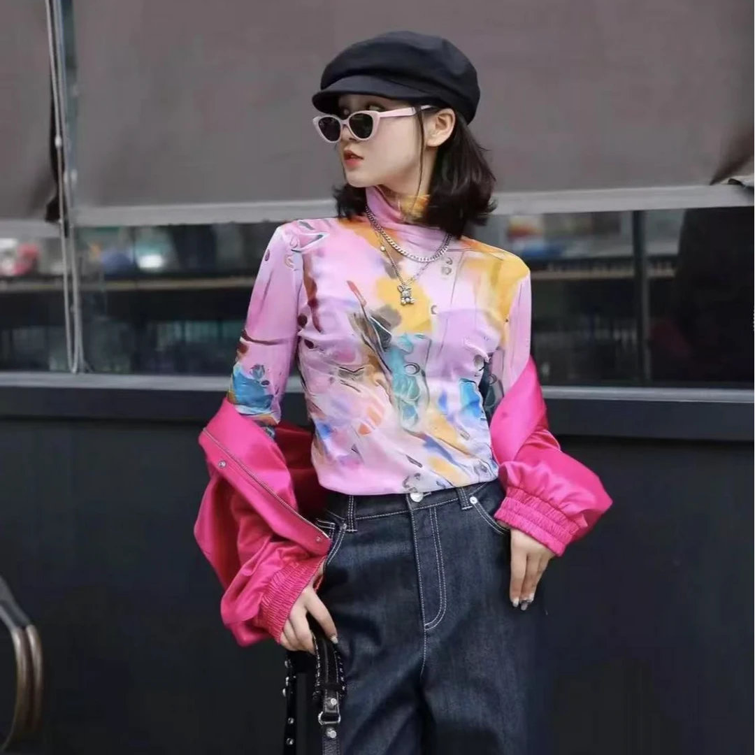 AMASS/阿玛施新款修身印花高领百搭复古长袖网纱打底衫女 5300587