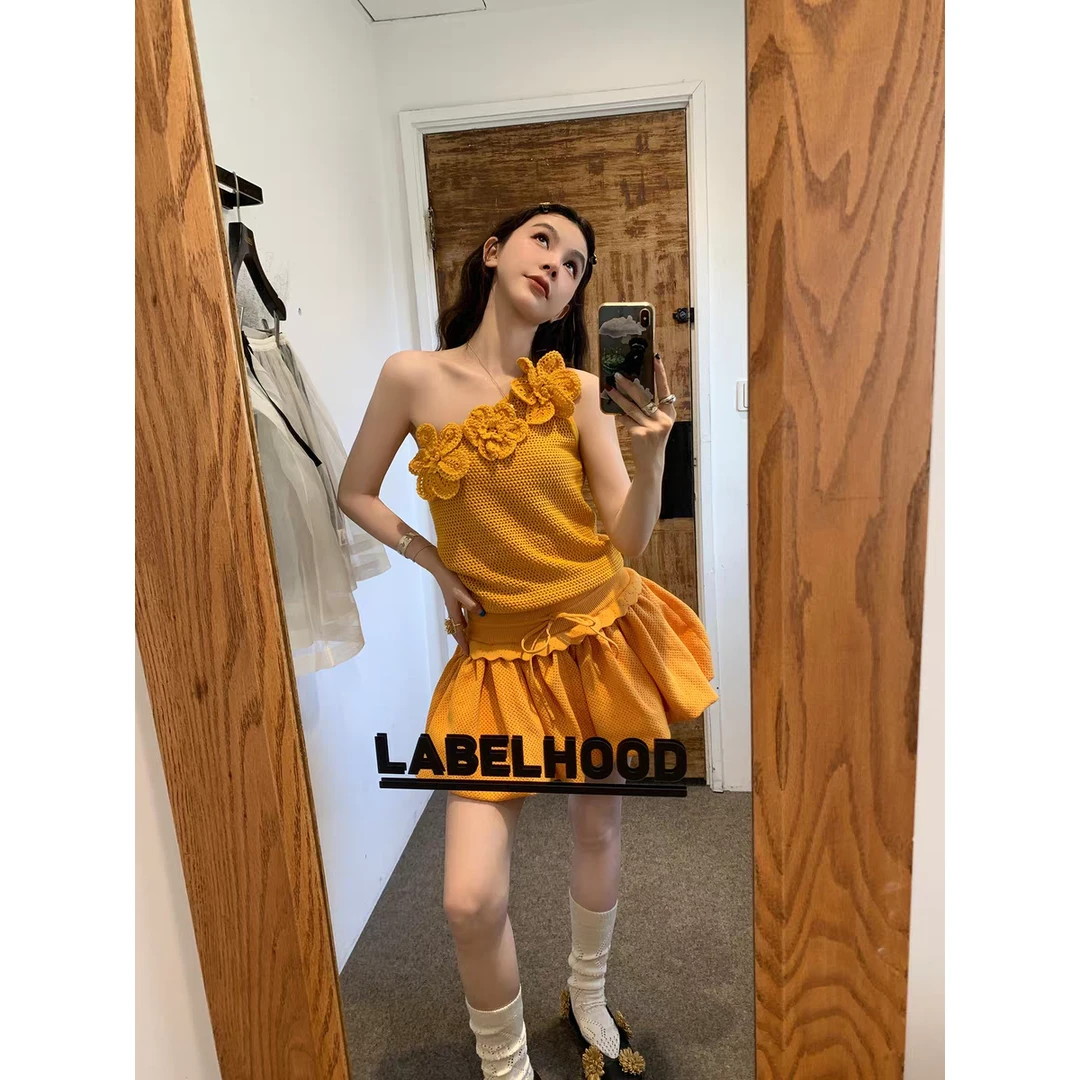 立体钩花单肩背心花苞裤镂空针织套装显瘦气质性感夏季复古法式