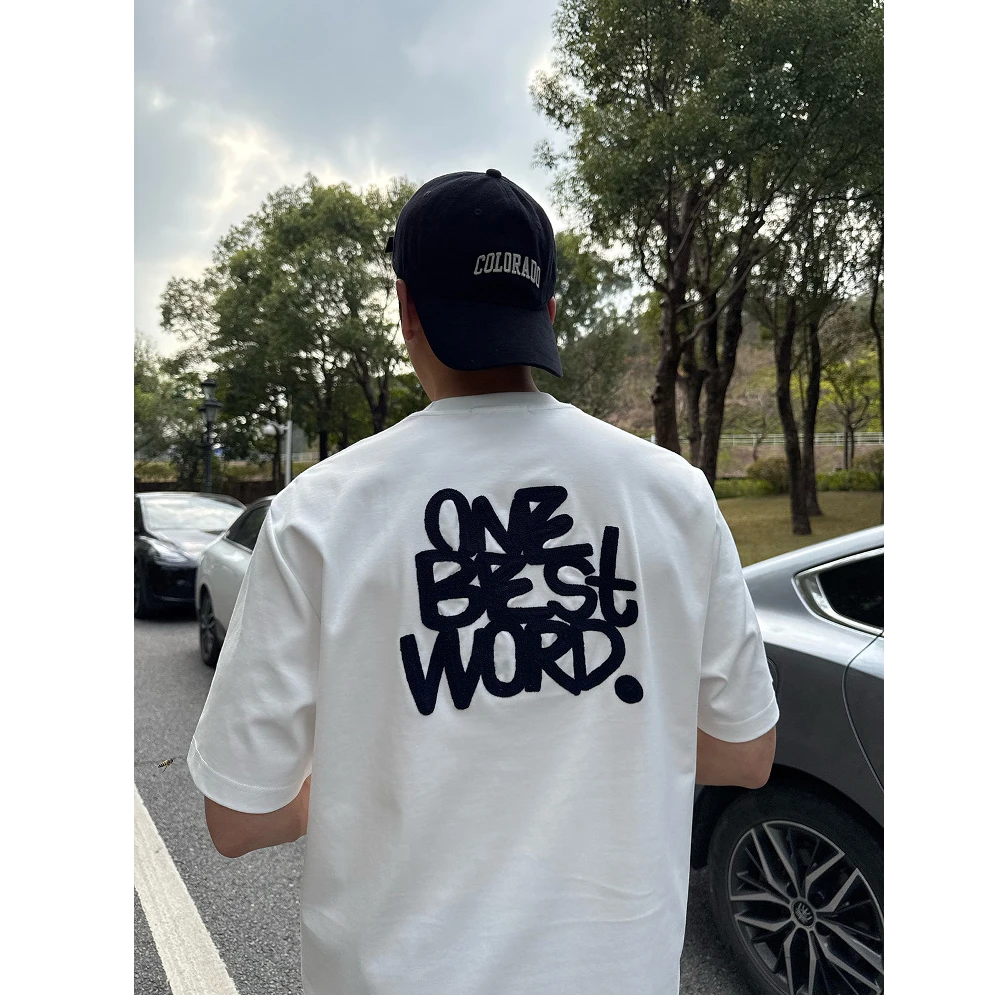 夏季重磅新款纯棉320g卡通字母刺绣针织高级感短袖男美式百搭T恤