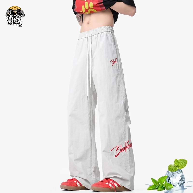 悟空潮牌冰丝垂顺休闲裤男款夏季轻薄刺绣阔腿直筒情侣透气长裤子