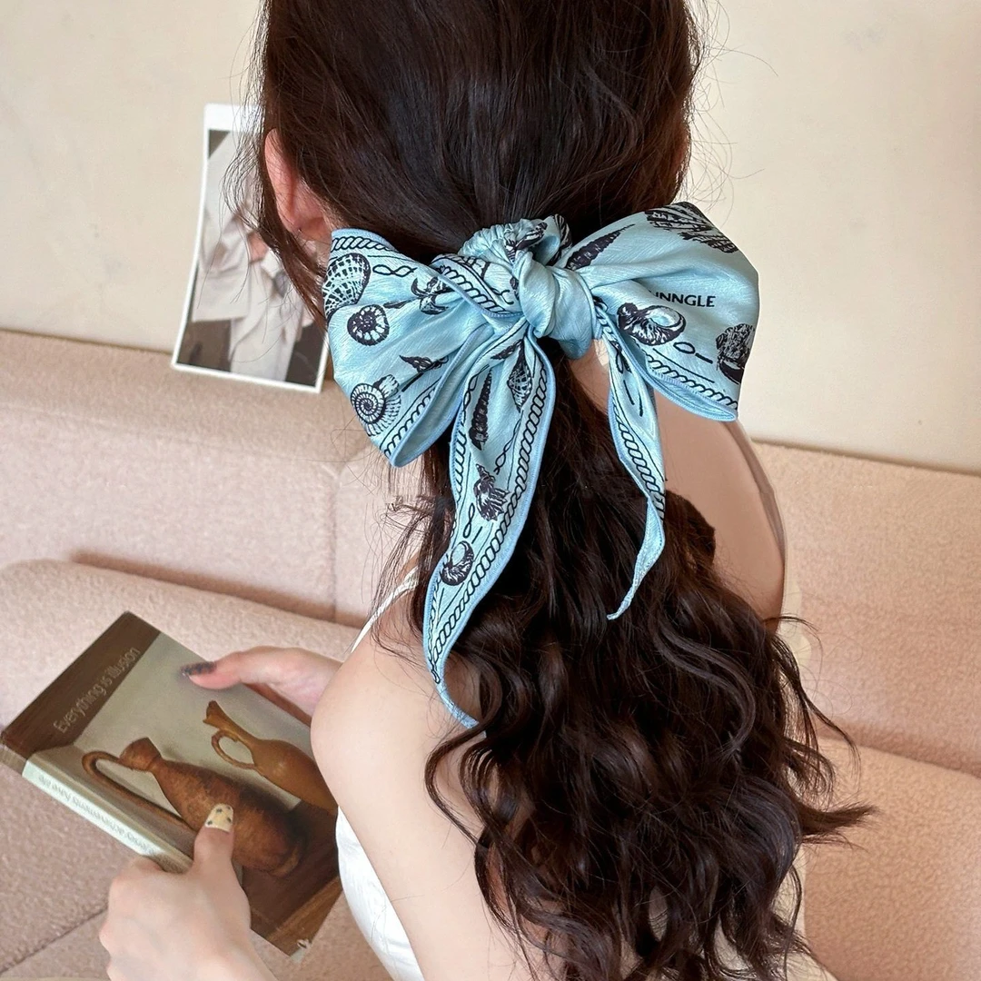 法式海边度假氛围感小众时尚设计感印花飘带丝巾发圈高级感发饰