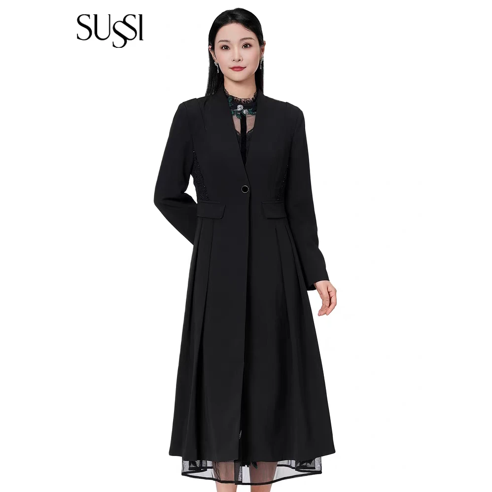 【新款】古色SUSSI25秋气质优雅V领中长风衣黑色外套S-2XL