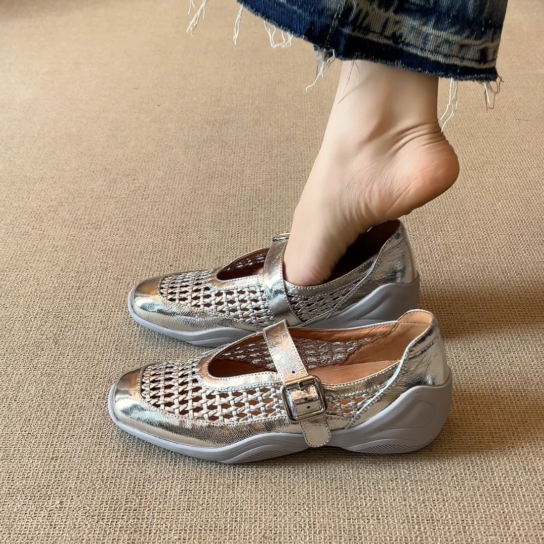 nnmiss·34-40/3cm法式复古风厚底玛丽珍鞋镂空编织时尚运动感单鞋