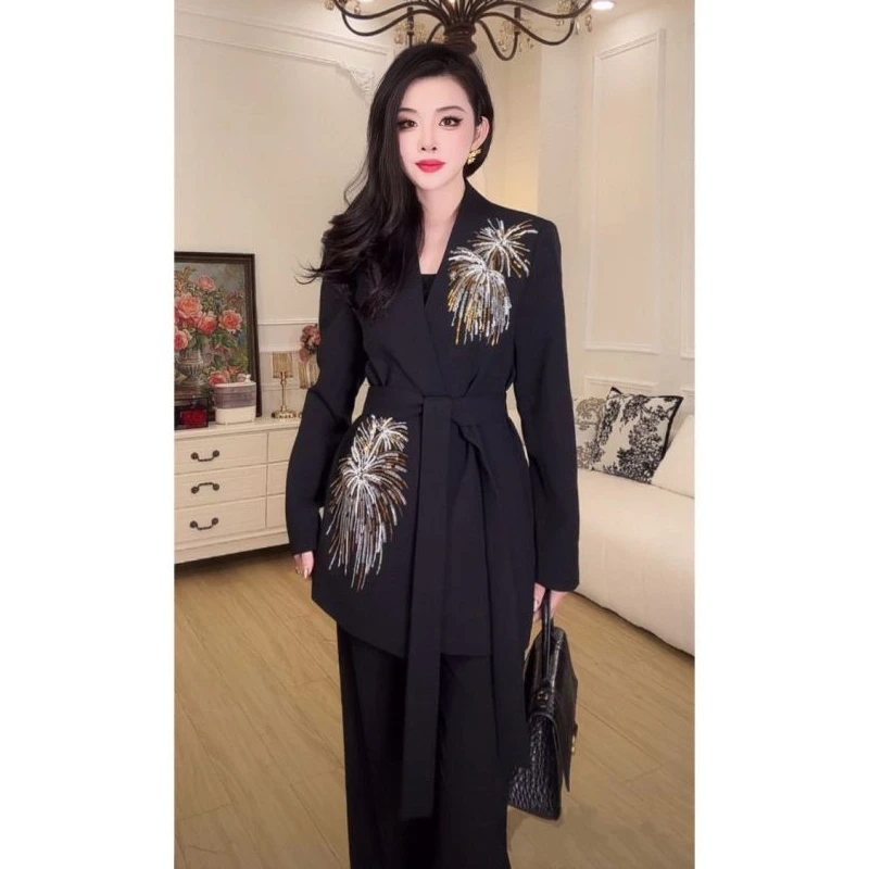新款气质显瘦重工烟花亮钻西服时尚温柔气质百搭长袖西服女精致