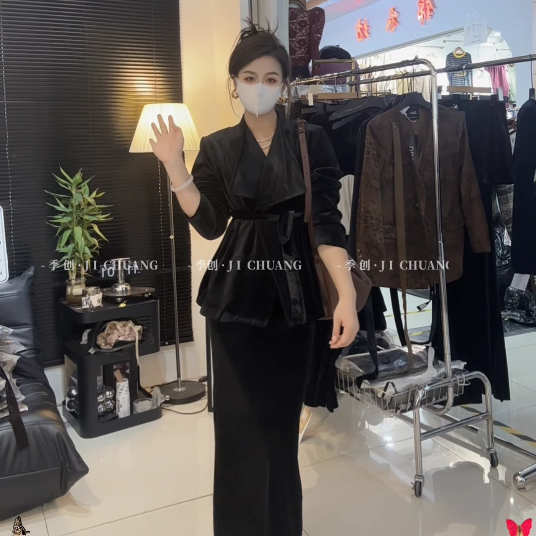 丝绒大领外套 法式显瘦百搭腰带V领