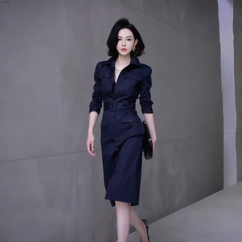 高智感收腰风衣连衣裙连衣裙性感修身工装裙气质秋装女装单排扣潮
