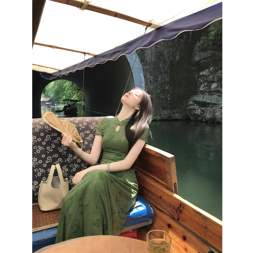 A300 新中式绿色旗袍连衣裙女夏高端复古旗袍裙国风气质温婉长裙