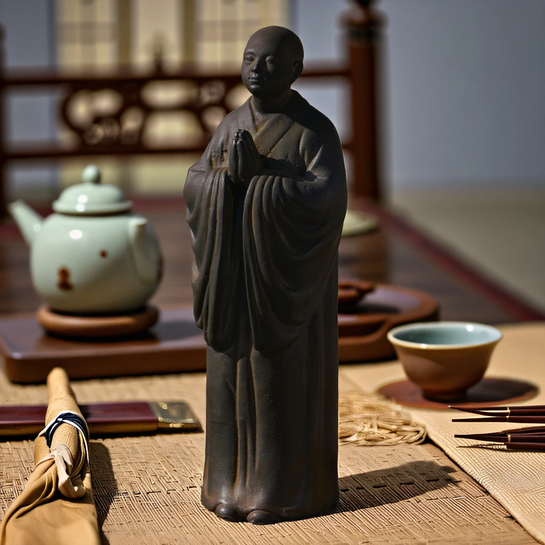 禅意中式双手合十僧侣小和尚阿弥陀佛桌面摆件纯手工仿铸铁工艺品