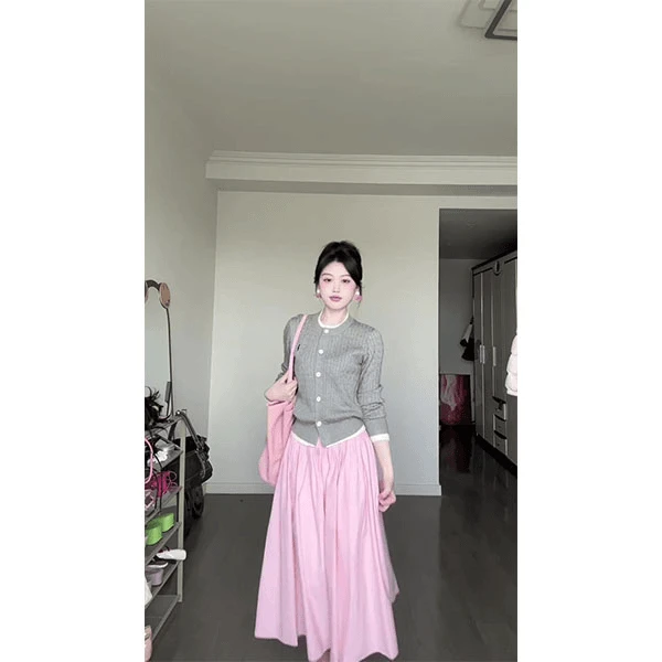 独特漂亮小衫毛衣针织开衫上衣女2025秋季百搭粉色高腰大摆半身裙