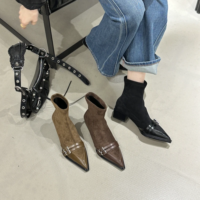 GUO-f1新款皮带扣中跟瘦瘦靴秋冬百搭后拉链尖头粗跟短靴女