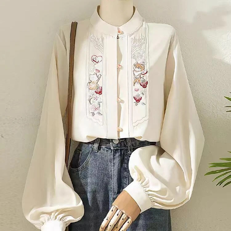 衬衫立领绣花对襟