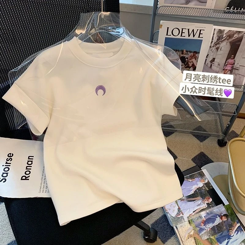 白色月亮刺绣短袖T恤女夏季新款设计感小众休闲百搭圆领上衣