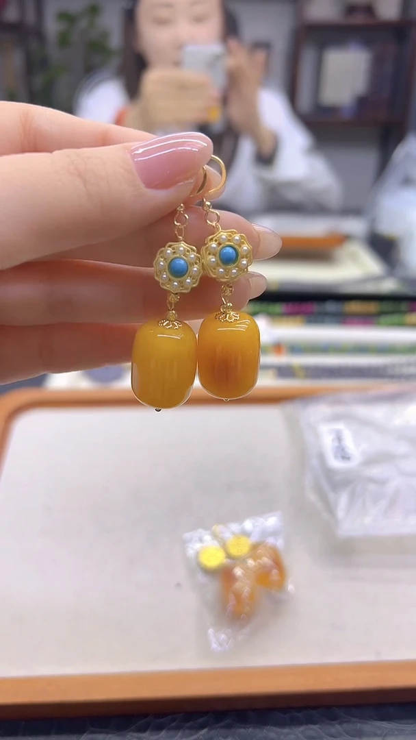 蜜蜡14K金镶嵌耳饰DIY款E624