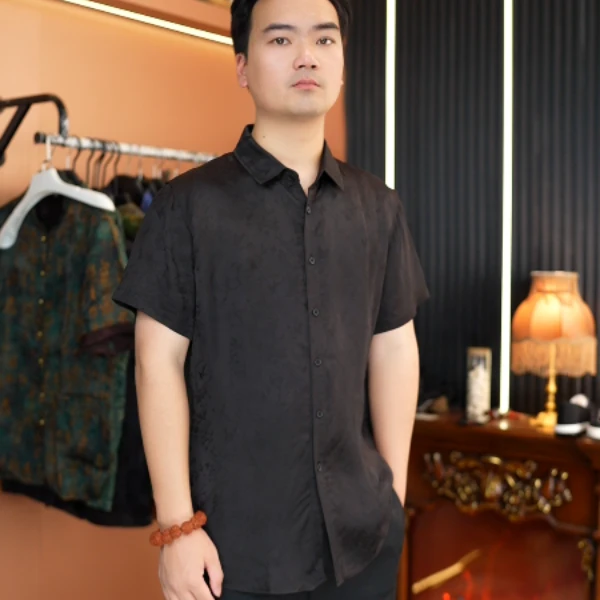 2025奢品级香云纱桑蚕丝男士新中式短袖衬衫国风男装百搭时尚