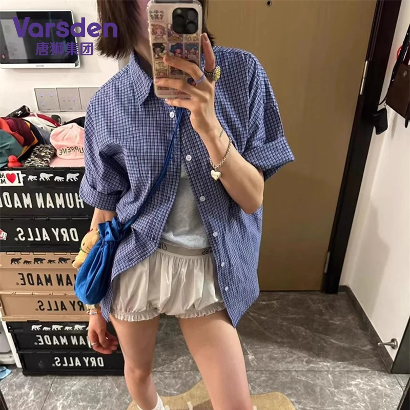 唐狮集团Varsden美式复古蓝色格子衬衫夏季宽松新品复古百搭上衣