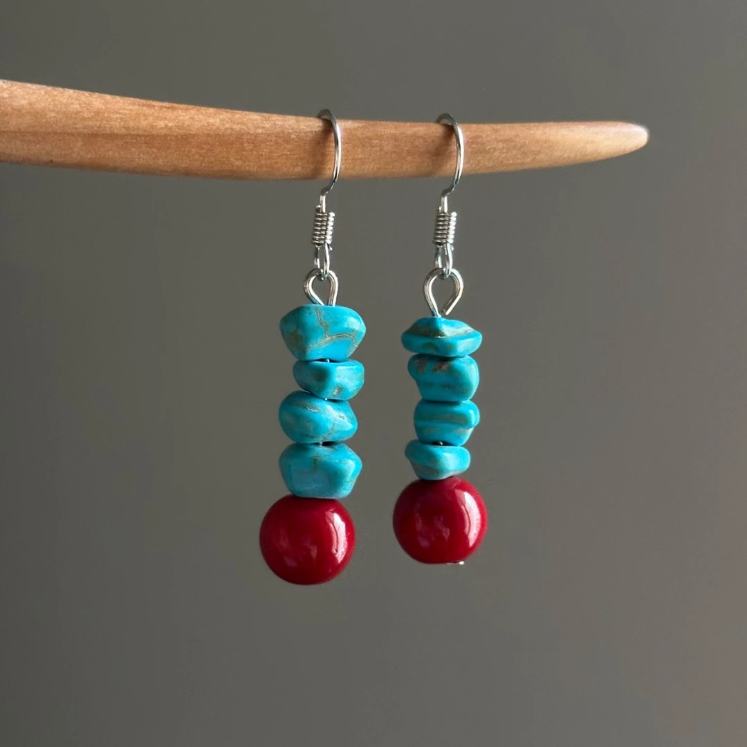 铜合金耳饰 新中式不规则撞色串珠耳环女复古轻奢气质高级感耳饰