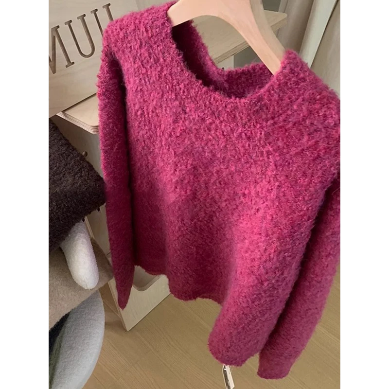 美貌色系！气质感玫红色针织衫毛衣女秋季加厚内搭洋气显白上衣