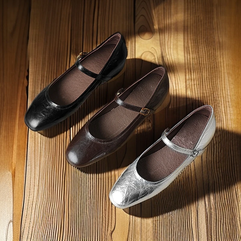 内增高一字带玛丽珍浅口单鞋圆头时尚中跟复古真皮软底百搭大小码