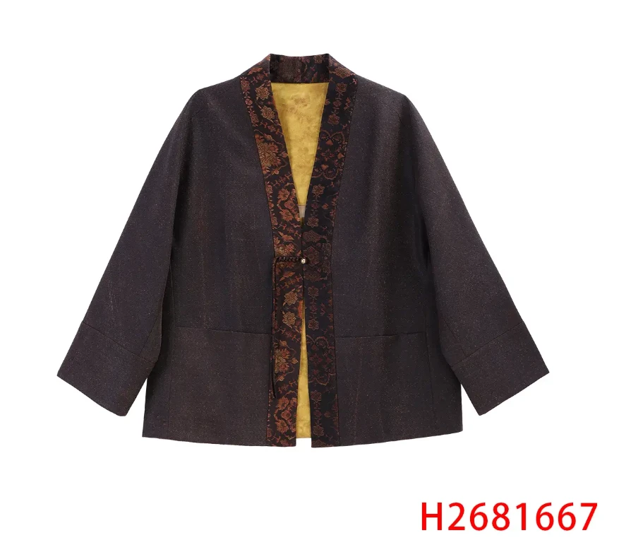 娟  新中式  2681667  双面穿小方格原色柞蚕丝茶服
