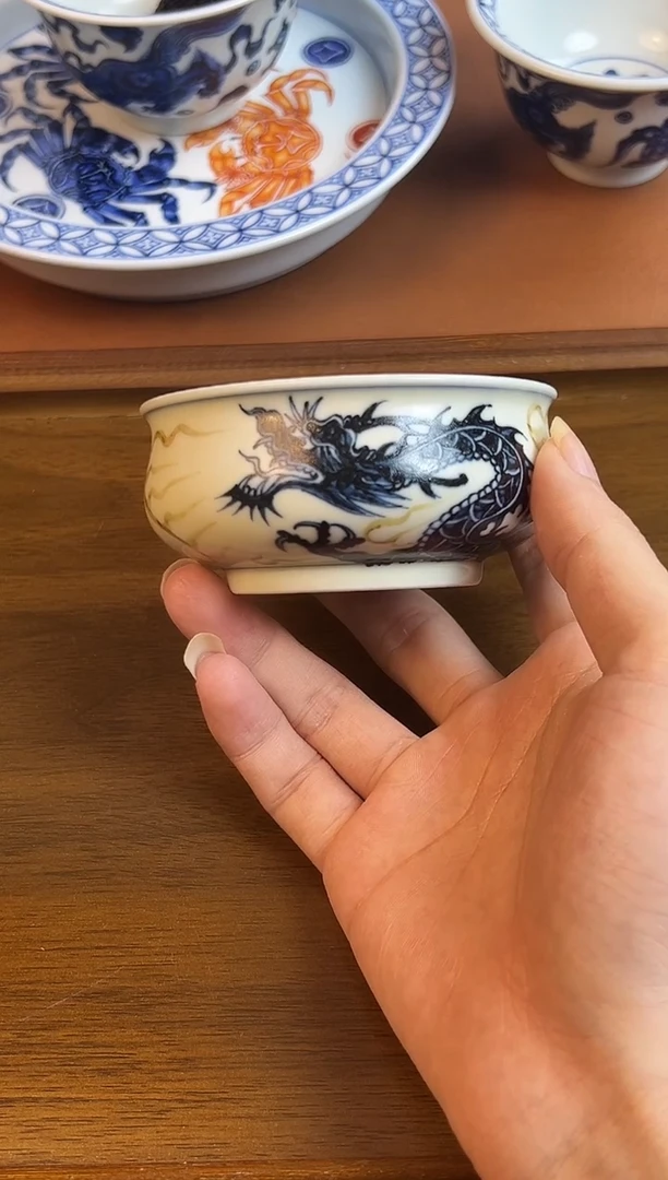 问青坊纯手工手绘青花釉里金龙纹矮炉式柴窑杯