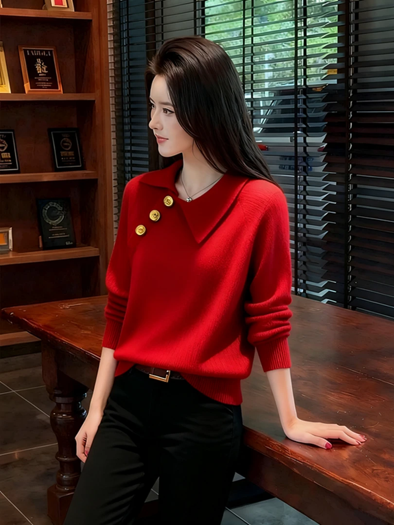 新年高级感超显白红色长袖毛衣秋冬新款设计氛围感套头针织衫上衣