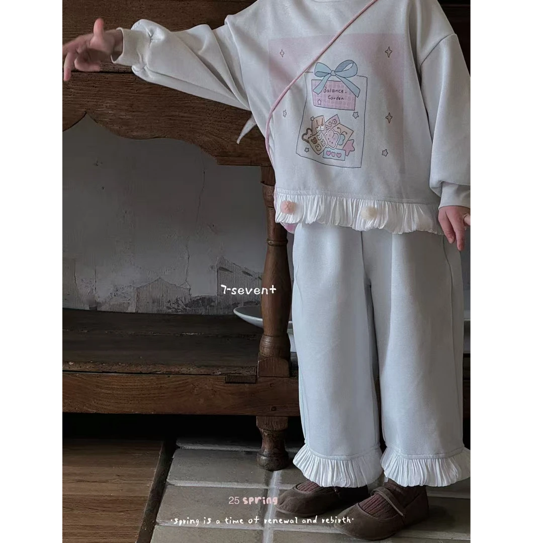 7＋25春款卫衣裤子套装下摆拼接纱纱套头幼儿园穿搭长袖休闲蕾丝