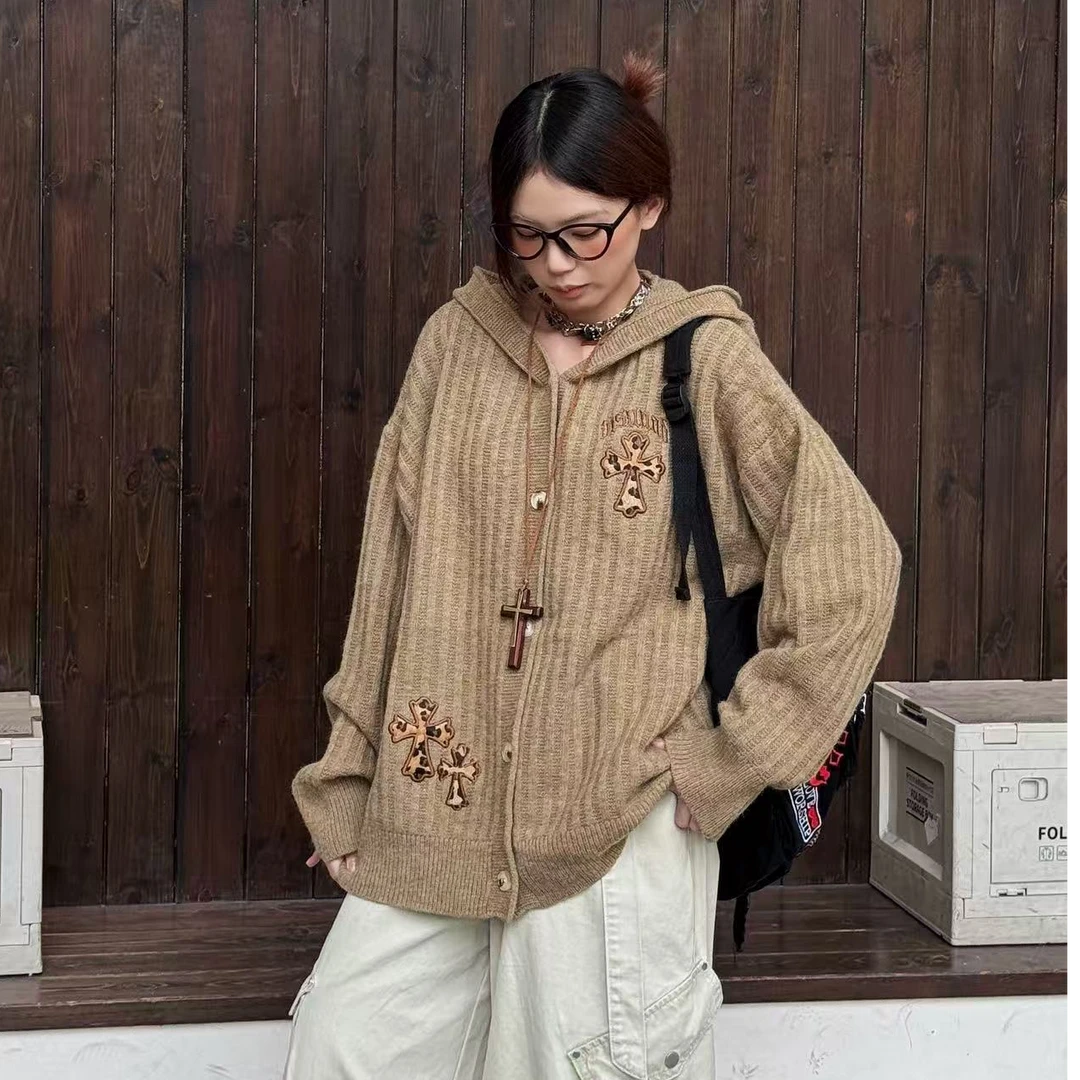UNOTOBE 美式复古豹纹拼接刺绣设计慵懒风连帽男女开衫毛衣外套
