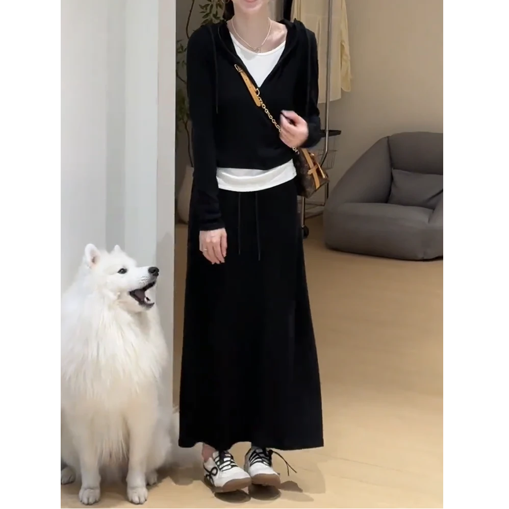 巨好看的早秋一整套2025新款慵懒松弛百搭假两件上衣半身裙两件套