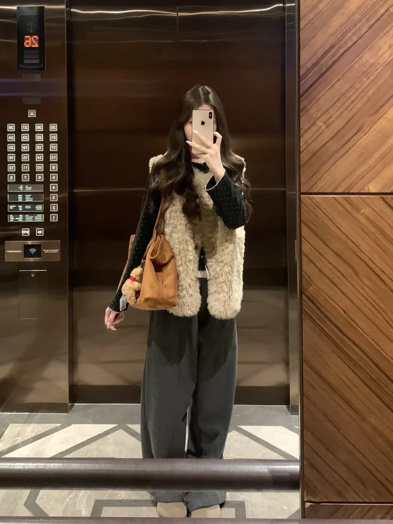 秋冬穿搭一整套韩系高级感打底衫毛毛马甲休闲裤时尚百搭三件套女